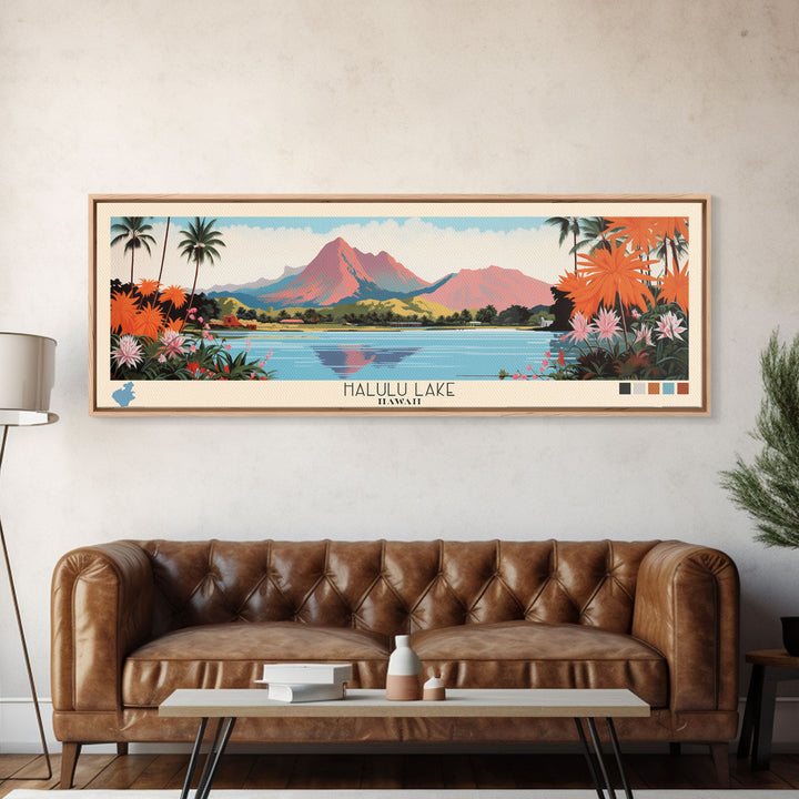 Halulu Lake Hawaii Framed Canvas Print, Panoramic Art, Midcentury Modern, Pop Art, Bedroom Decor, Travel Poster, Artistic Decor, Home Decor