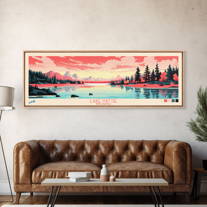Lake Hattie Wyoming Framed Canvas Print, Panoramic Wall Art, Midcentury Modern, Pop Art, Living Room Decor, Travel Poster, Bedroom Art
