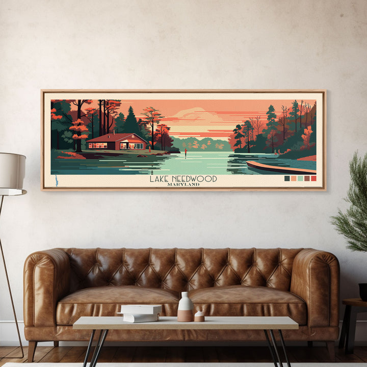 Lake Needwood Maryland Framed Canvas Print, Panoramic Wall Art, Midcentury Modern, Pop Art, Bedroom Art, Travel Poster, Lake House Decor