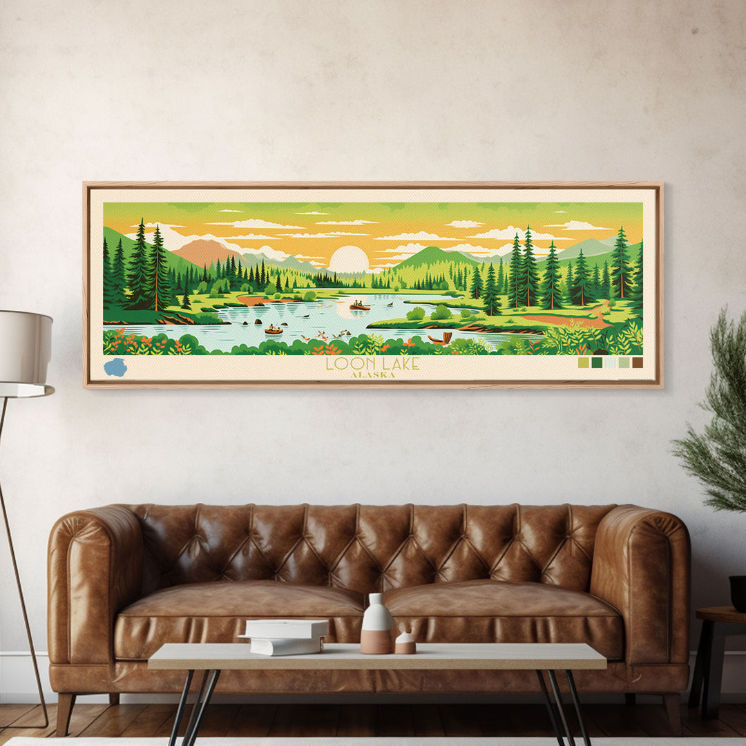 Loon Lake, Alaska Panoramic Wall Art Framed Canvas Print, Midcentury Modern, Pop Art, Home Decor, Travel Poster, Living Room Art
