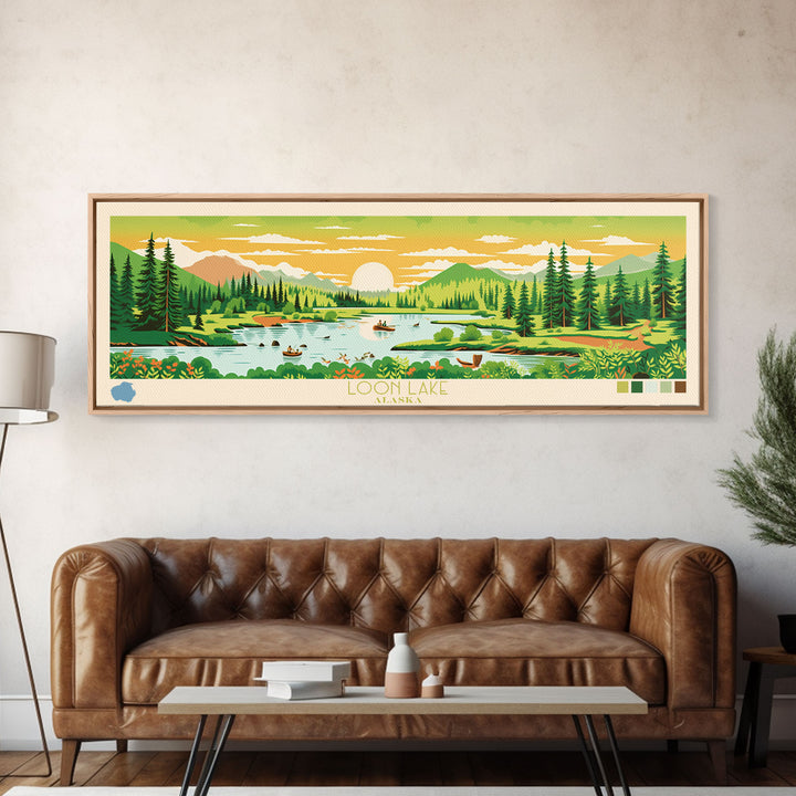 Loon Lake, Alaska Panoramic Wall Art Framed Canvas Print, Midcentury Modern, Pop Art, Home Decor, Travel Poster, Living Room Art