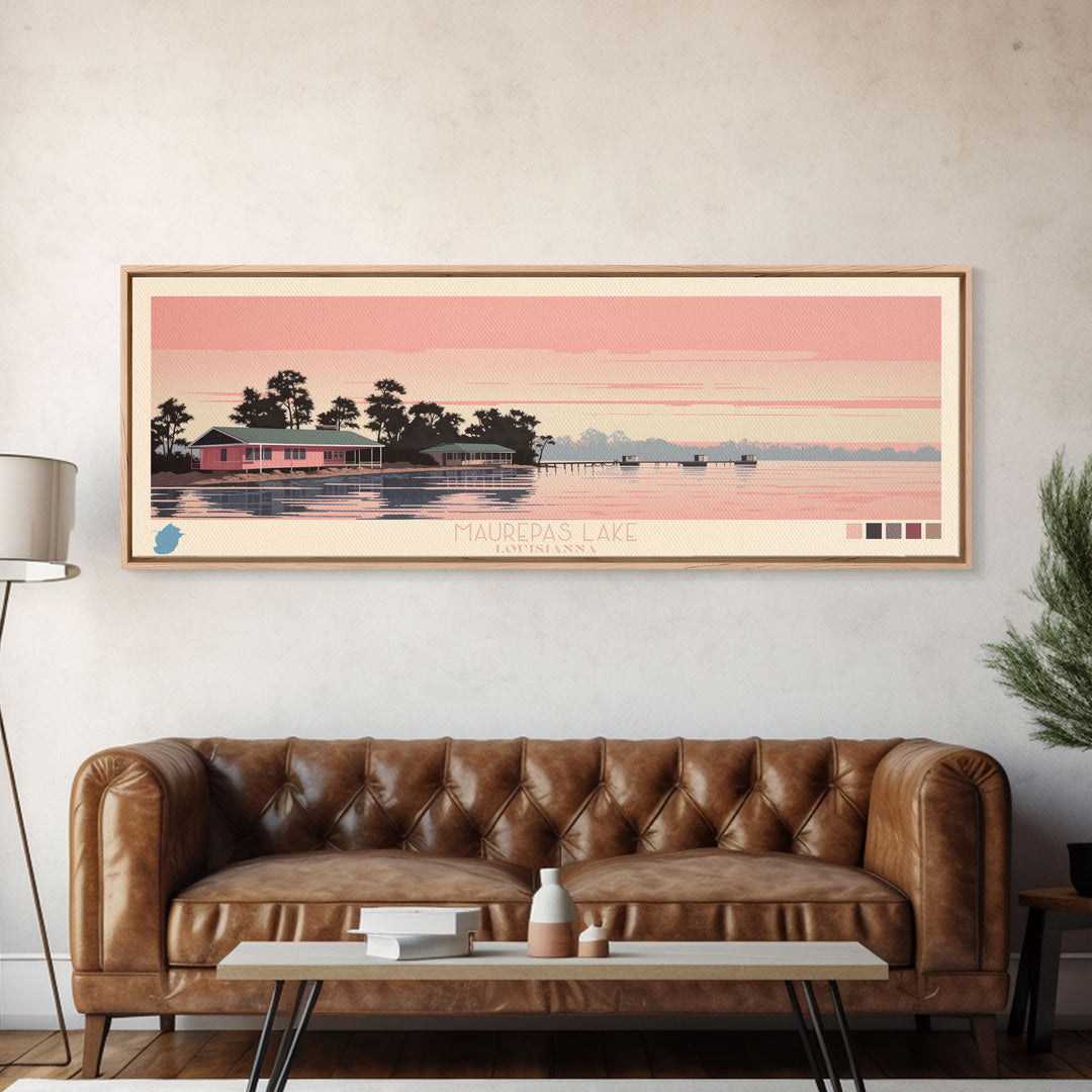 Maurepas Lake, Louisiana Panoramic Wall Art Framed Canvas Print, Midcentury Modern, Pop Art, Home Decor, Travel Poster, Bedroom Art