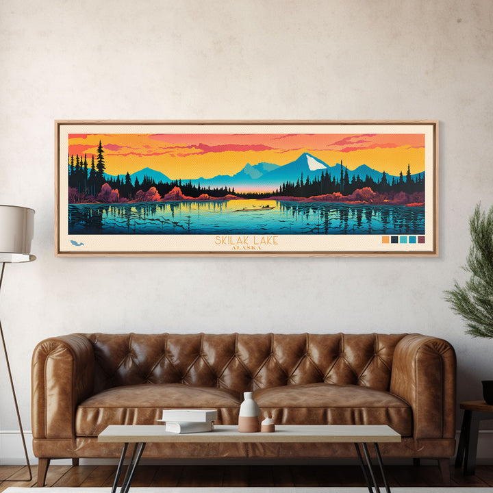 Skilak Lake, Alaska Framed Canvas Print, Lake House Art, Midcentury Modern Decor, Pop Art, Travel Poster, Living Room Wall Art