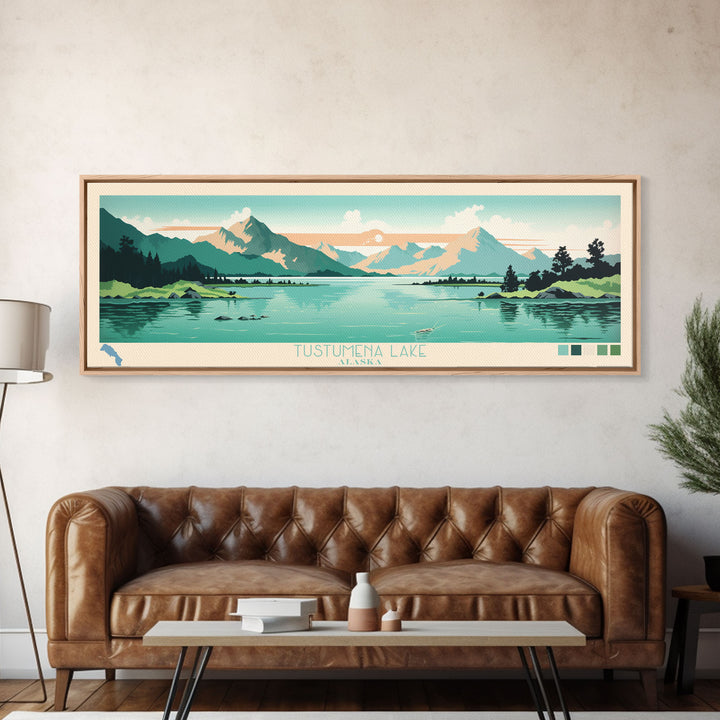 Tustumena Lake, Alaska Framed Canvas Print, Lake House Decor, Midcentury Modern Art, Pop Art, Travel Poster, Living Room Wall Art