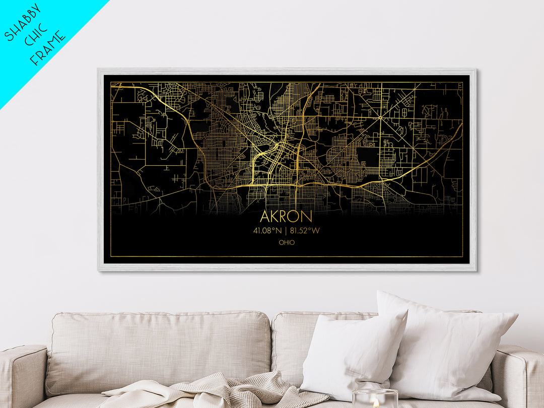 Akron Ohio City street map, Metallic Gold Print, Metal Art, wood framed map, black and gold, Street Map Art, Modern Wall Art, Housewarming Gift