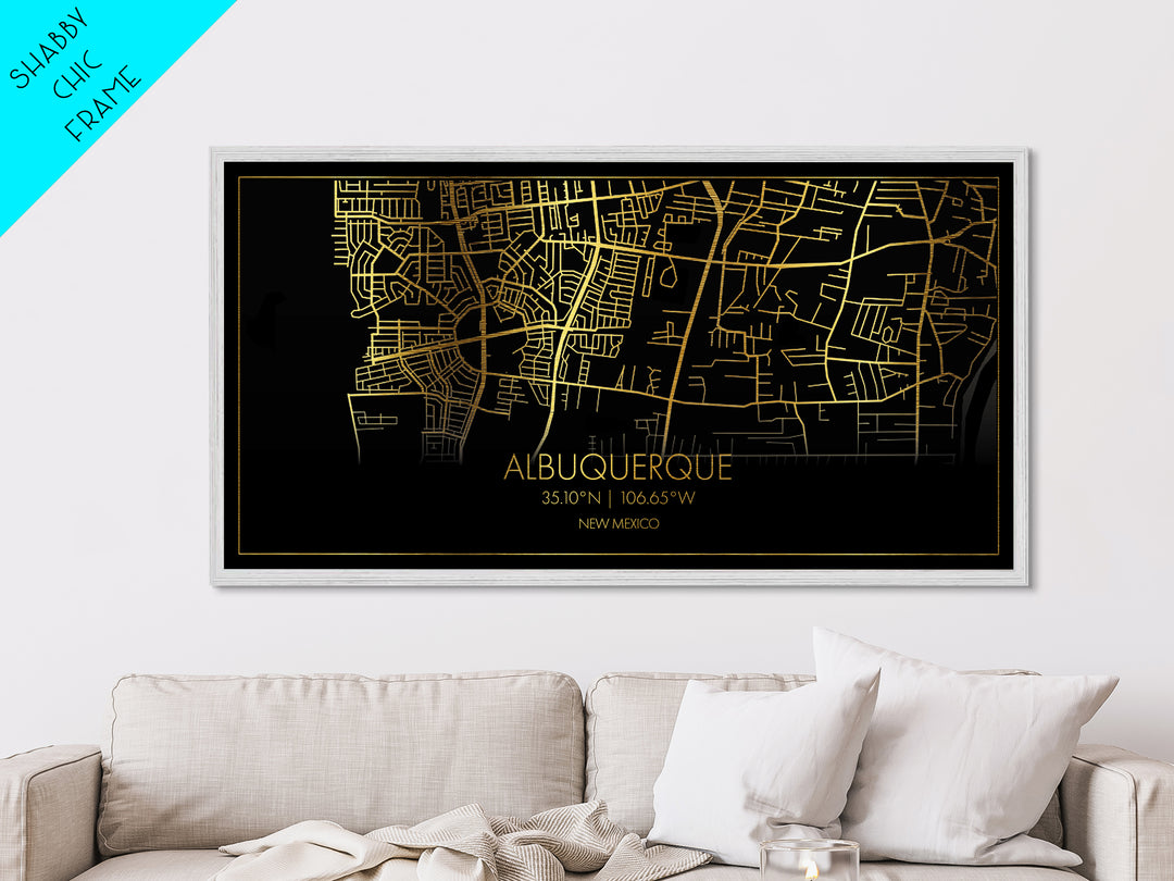 Albuquerque New Mexico City Poster, Metallic Gold Art, Metal Art, real wood frames, black and gold, Street Map Wall Art, Gold Street Map Art