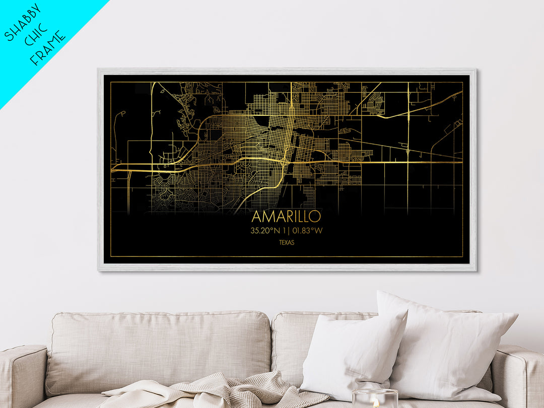 Amarillo Texas City street map, Metallic Gold Print, Metal Art, wood framed map, black and gold, Street Map Art, Minimalist Wall Art, Modern House Art