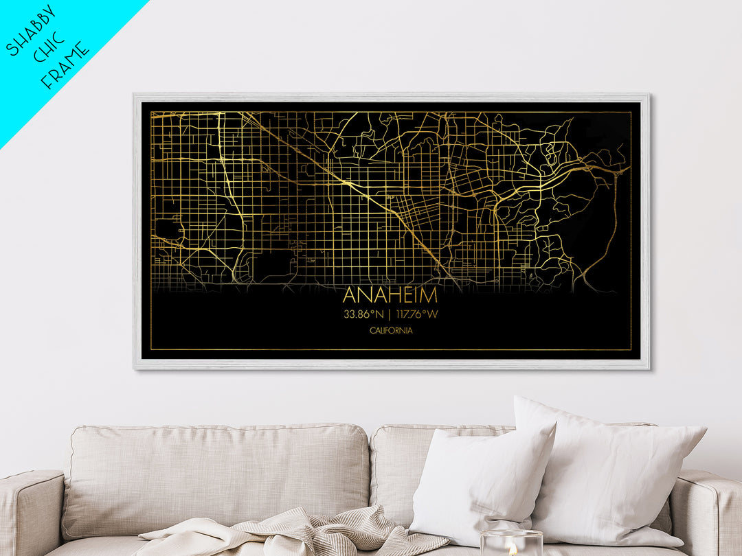 Anaheim California City Poster, Metallic Gold Art, Metal Art, real wood frames, black and gold, Map Print Poster, Street Map Art, Housewarming Gift