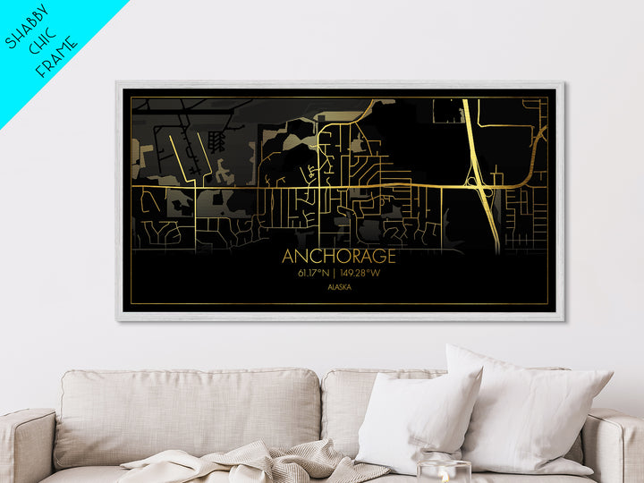 Anchorage Alaska City street map, Metallic Gold Print, Metal Art, wood framed map, black and gold, Street Map Wall Art, Best Friend Gifts, Modern Wall Art