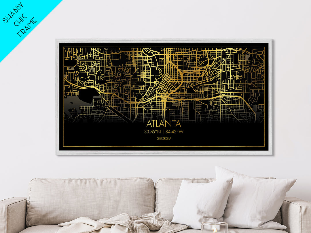 Atlanta Georgia City Poster, Metallic Gold Art, Metal Art, real wood frames, black and gold, Street Map Wall Art, Office Decor, Real Wood Frames