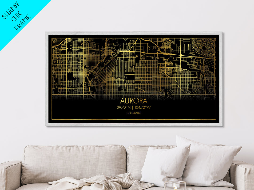 Aurora Colorado City Poster, Metallic Gold Art, Metal Art, real wood frames, black and gold, Street Map Art, Travel Poster, Gold Street Map Art