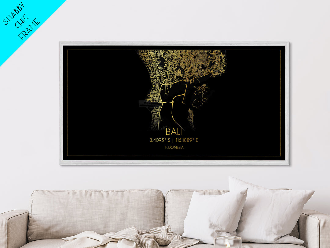 Bali Indonesia City Poster, Metallic Gold Art, Metal Art, real wood frames, black and gold, Travel Poster, Street Map Art, Gold Street Map Art