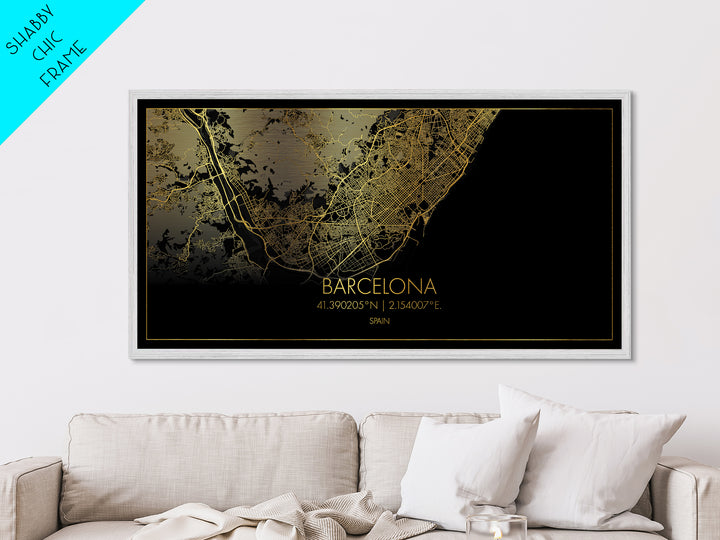 Barcelona Spain City street map, Metallic Gold Print, Metal Art, wood framed map, black and gold, Gold Street Map Art, Street Map Art, Modern House Art