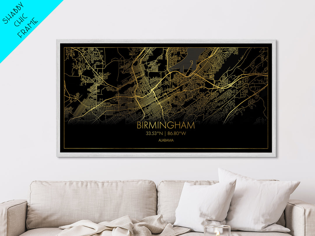 Birmingham Alabama City street map, Metallic Gold Print, Metal Art, wood framed map, black and gold, Travel Poster, Street Map Art, Housewarming Gift