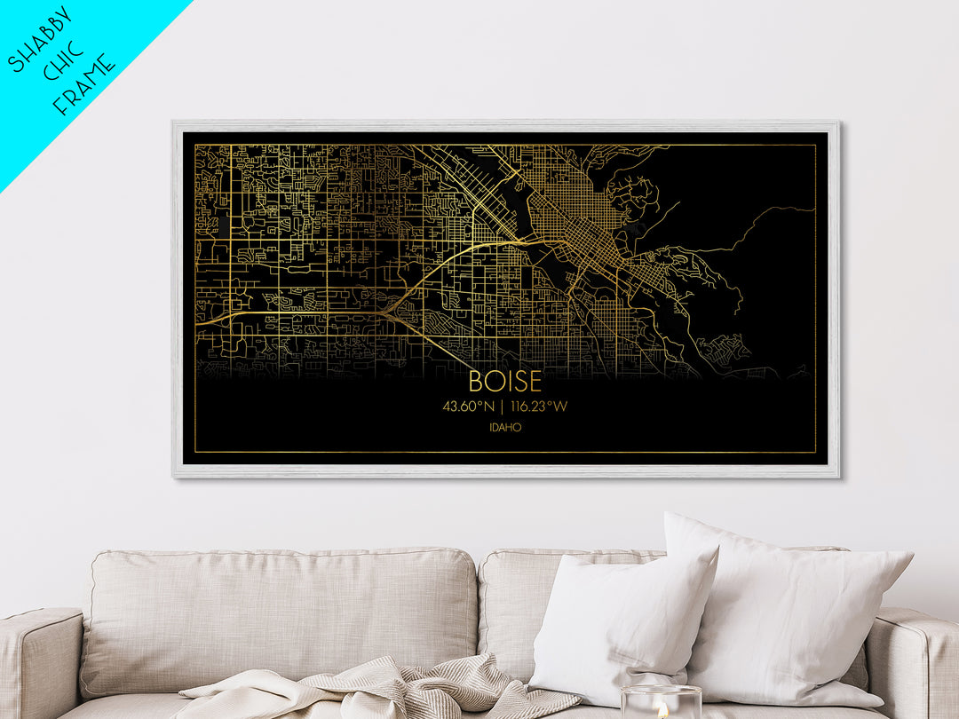 Boise Idaho City street map, Metallic Gold Print, Metal Art, wood framed map, black and gold, Map Art, Street Map Wall Art, College Dorm Décor