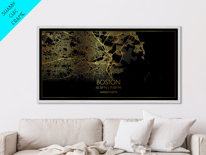 Boston Massachusetts City Poster, Metallic Gold Art, Metal Art, real wood frames, black and gold, Street Map Art, Modern Wall Art