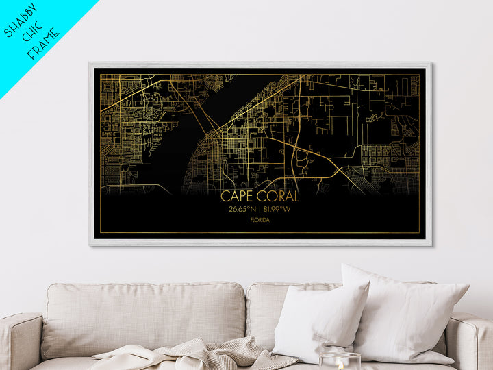 Cape Coral Florida City Poster, Metallic Gold Art, Metal Art, real wood frames, black and gold, Street Map Art, Map Print Poster, Travel Poster