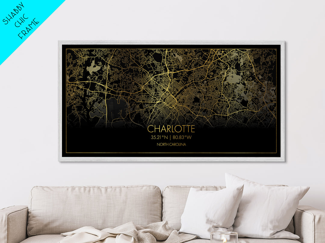 Charlotte North Carolina City Poster, Metallic Gold Art, Metal Art, real wood frames, black and gold, Street Map Wall Art, Gold Street Map Art