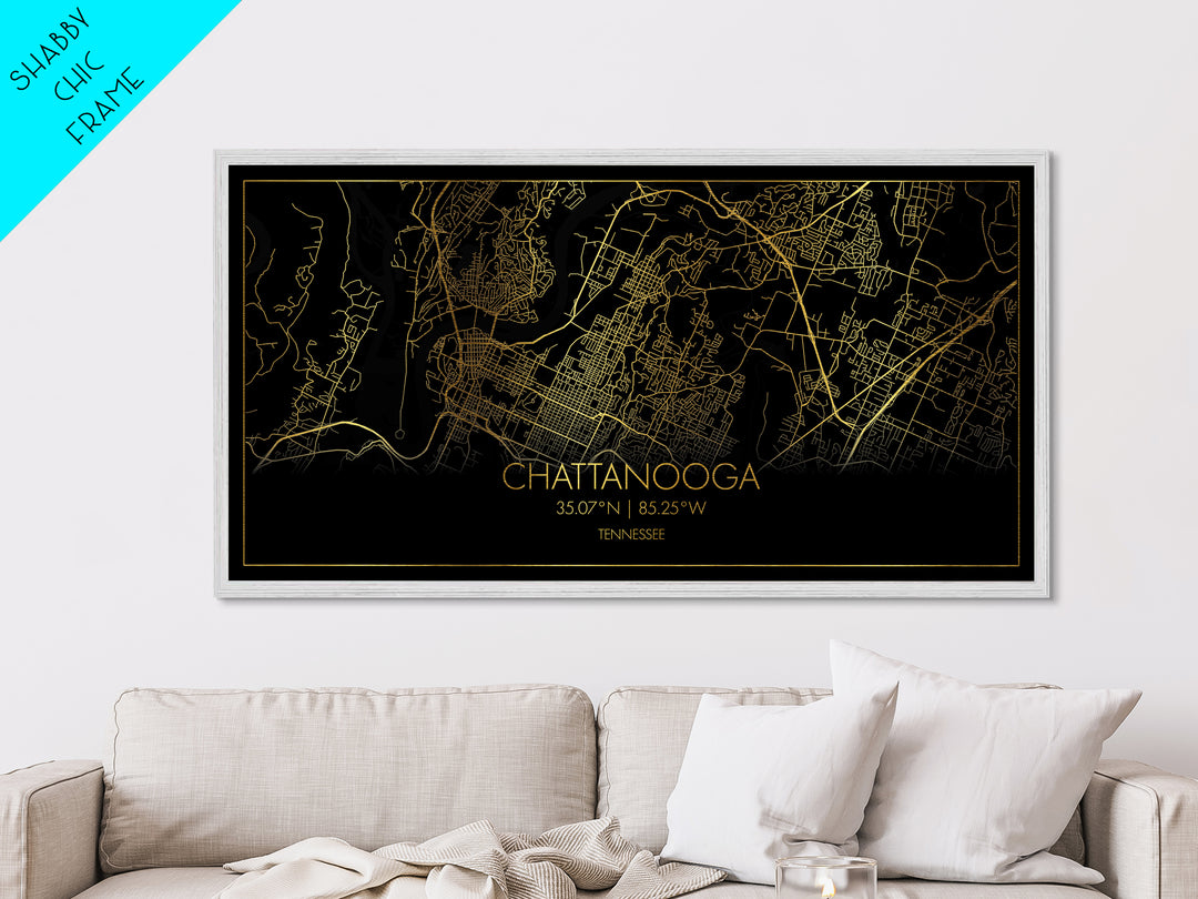 Chattanooga Tennessee City street map, Metallic Gold Print, Metal Art, wood framed map, black and gold, Modern Wall Art, Map Art, Travel Poster