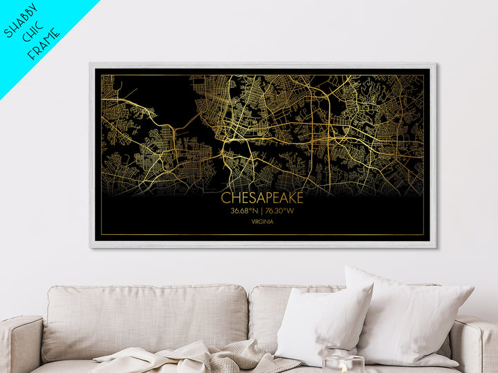 Chesapeake Virginia City Poster, Metallic Gold Art, Metal Art, real wood frames, black and gold, Street Map Art, Minimalist Wall Art, Office Decor