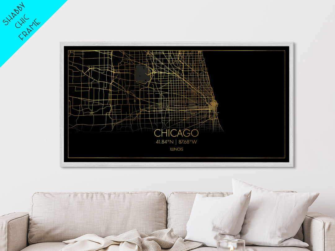 Chicago Illinois City street map, Metallic Gold Print, Metal Art, wood framed map, black and gold, Street Map Wall Art, College Dorm Décor