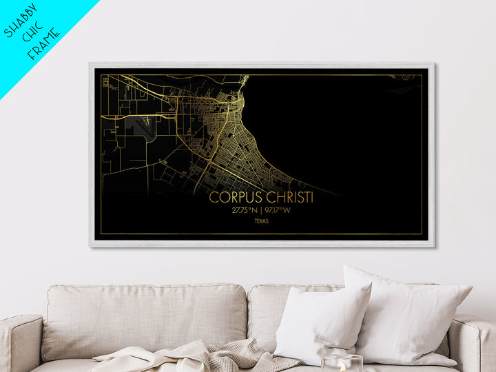 Corpus Christi Texas City Poster, Metallic Gold Art, Metal Art, real wood frames, black and gold, Street Map Art, Gold Street Map Art, Office Decor