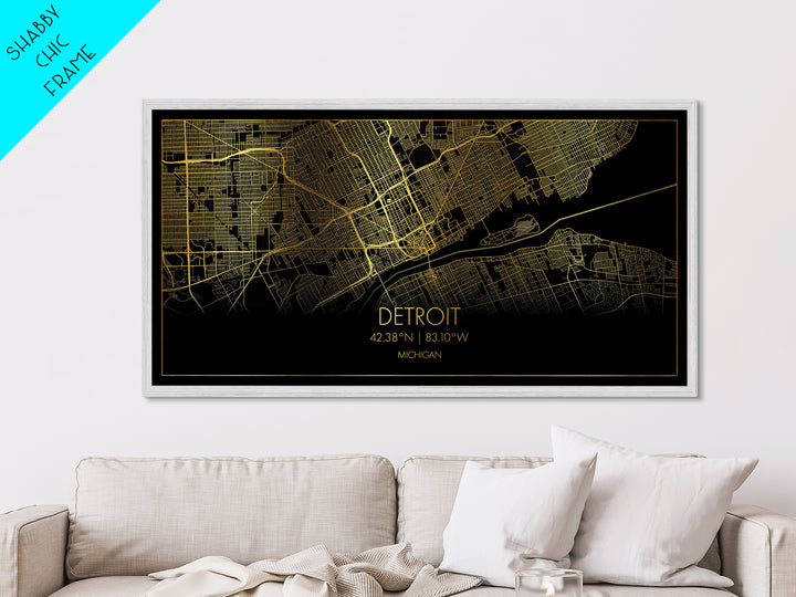 Detroit Michigan City street map, Metallic Gold Print, Metal Art, wood framed map, black and gold, Street Map Art, Map Print Poster
