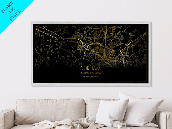 Durham North Carolina City Poster, Metallic Gold Art, Metal Art, real wood frames, black and gold, Street Map Art, Minimalist Wall Art, Office Decor