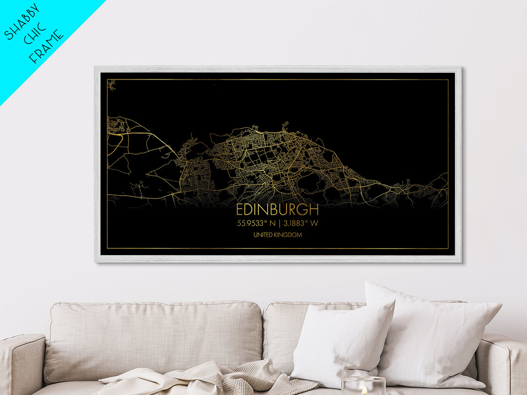 Edinburgh United Kingdom City street map, Metallic Gold Print, Metal Art, wood framed map, black and gold, Street Map Art, Travel Poster, Modern Wall Art