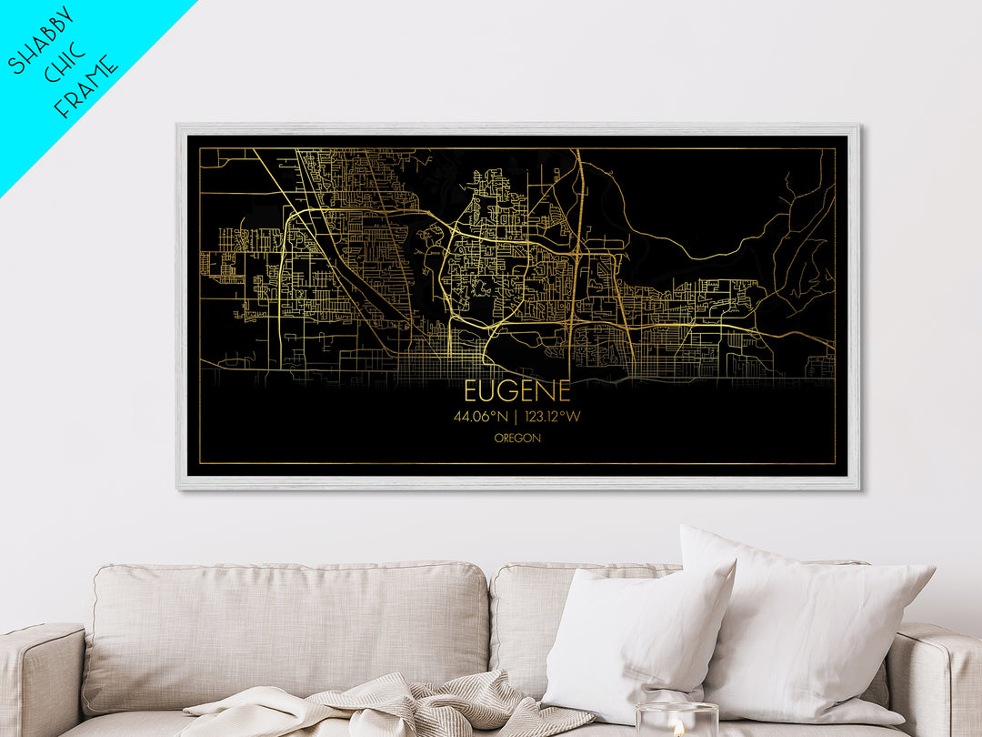 Eugene Oregon City Poster, Metallic Gold Art, Metal Art, real wood frames, black and gold, Travel Poster, Street Map Wall Art, Real Wood Frames