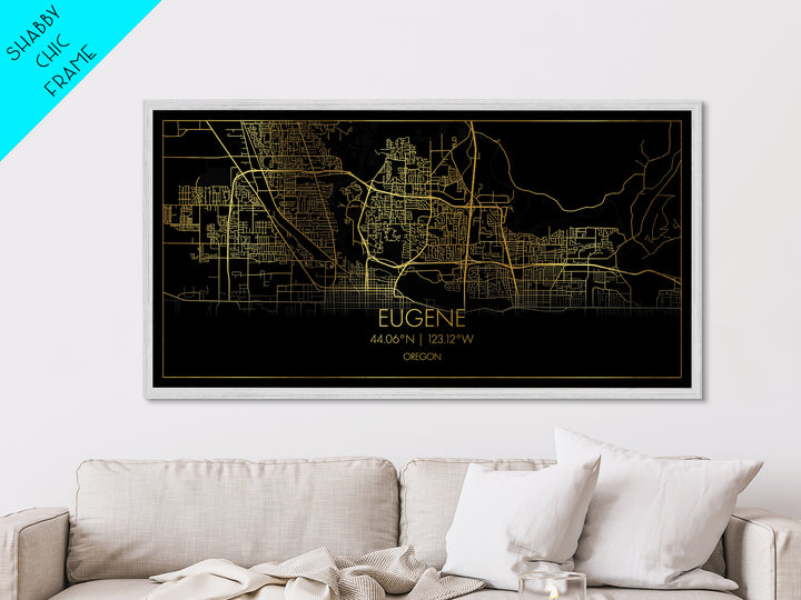 Eugene Oregon City Poster, Metallic Gold Art, Metal Art, real wood frames, black and gold, Travel Poster, Street Map Wall Art, Real Wood Frames