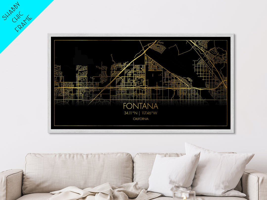 Fontana California City Poster, Metallic Gold Art, Metal Art, real wood frames, black and gold, Street Map Wall Art, Gold Street Map Art