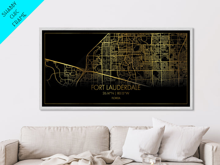 Fort Lauderdale Florida City street map, Metallic Gold Print, Metal Art, wood framed map, black and gold, Street Map Art, Housewarming Gift
