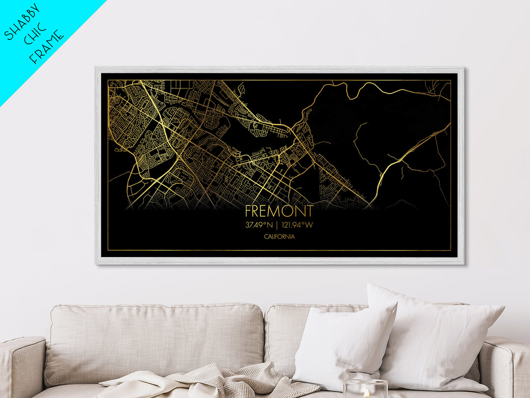 Fremont California City Poster, Metallic Gold Art, Metal Art, real wood frames, black and gold, Street Map Wall Art, Best Friend Gifts