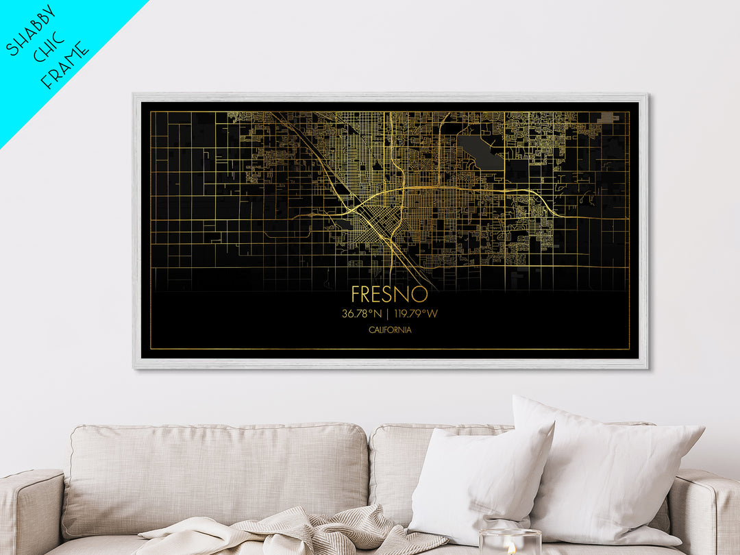 Fresno California City street map, Metallic Gold Print, Metal Art, wood framed map, black and gold, Street Map Art, Map Print Poster