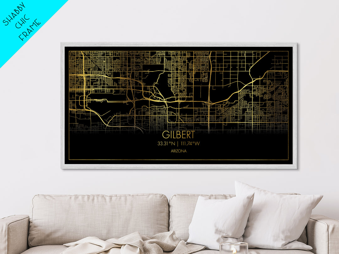 Gilbert Arizona City street map, Metallic Gold Print, Metal Art, wood framed map, black and gold, Street Map Art, Housewarming Gift, Map Art