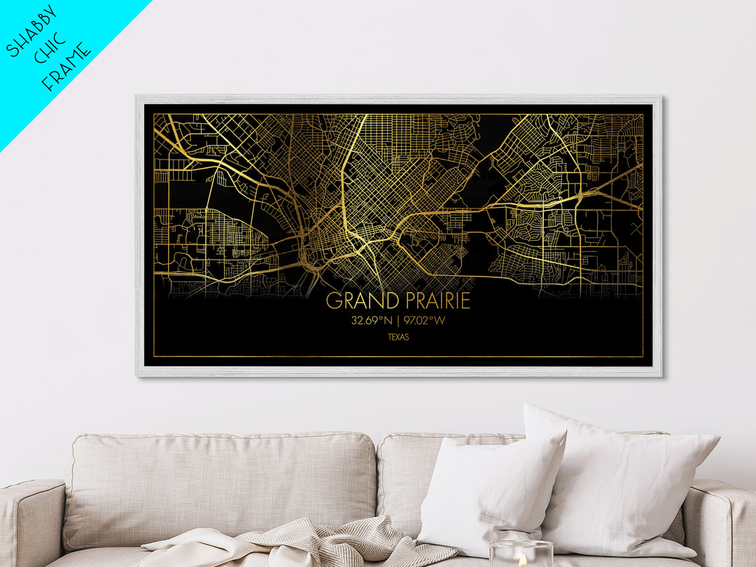 Grand Prairie Texas City Poster, Metallic Gold Art, Metal Art, real wood frames, black and gold, Street Map Wall Art, Map Art