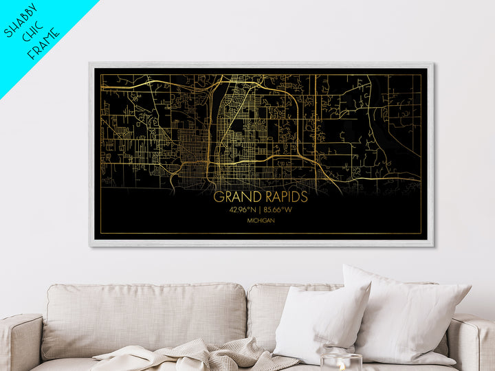 Grand Rapids Michigan City street map, Metallic Gold Print, Metal Art, wood framed map, black and gold, Street Map Art, Housewarming Gift