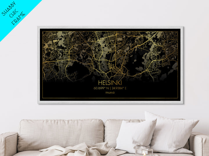 Helsinki Finland City Poster, Metallic Gold Art, Metal Art, real wood frames, black and gold, Street Map Wall Art, Map Art