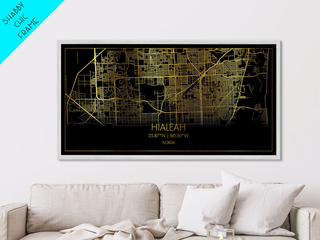 Hialeah Florida City Poster, Metallic Gold Art, Metal Art, real wood frames, black and gold, Street Map Wall Art, Map Print Poster