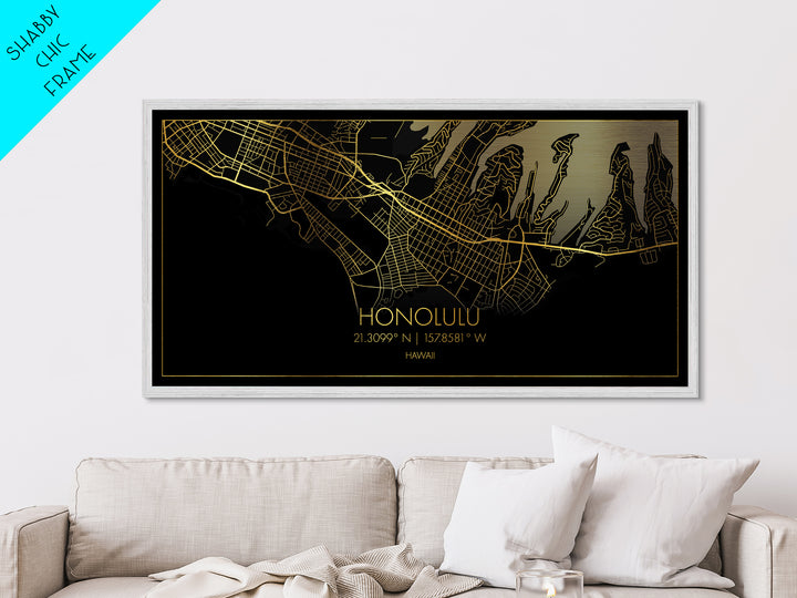 Honolulu Hawaii City Poster, Metallic Gold Art, Metal Art, real wood frames, black and gold, Street Map Wall Art, Best Friend Gifts
