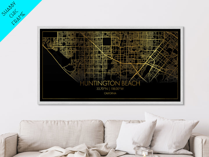 Huntington Beach California City Poster, Metallic Gold Art, Metal Art, real wood frames, black and gold, Street Map Wall Art, Office Decor