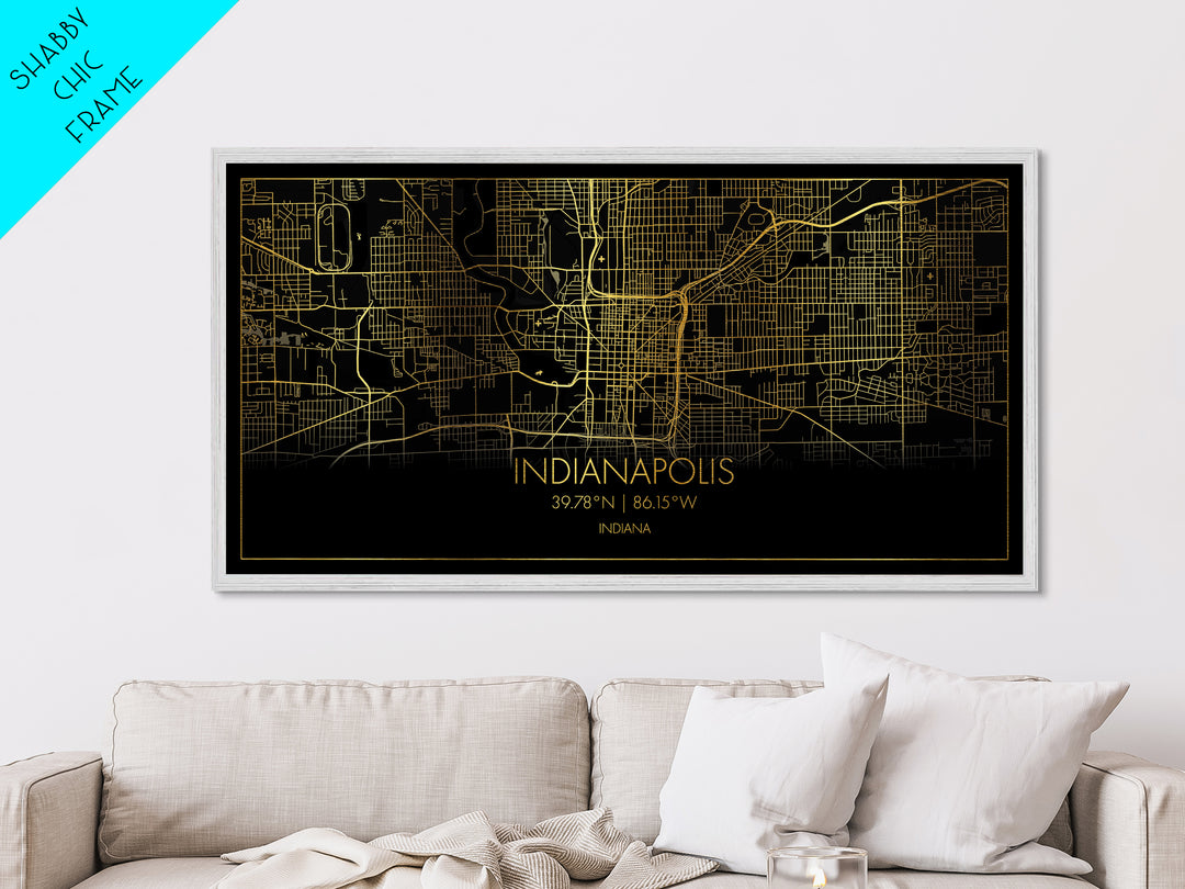 Indianapolis Indiana City Poster, Metallic Gold Art, Metal Art, real wood frames, black and gold, Street Map Wall Art, Map Print Poster