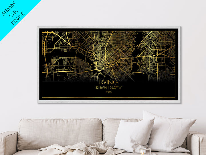Irving Texas City Poster, Metallic Gold Art, Metal Art, real wood frames, black and gold, Street Map Wall Art, College Dorm Décor