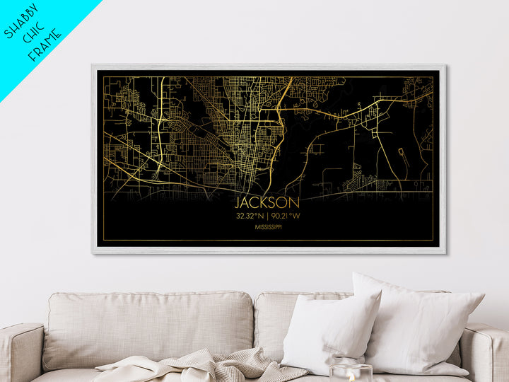 Jackson Mississippi City street map, Metallic Gold Print, Metal Art, wood framed map, black and gold, Street Map Art, Map Art