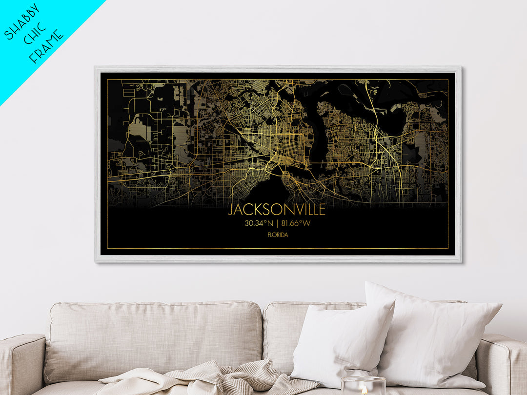 Jacksonville Florida City Poster, Metallic Gold Art, Metal Art, real wood frames, black and gold, Street Map Wall Art, Office Decor
