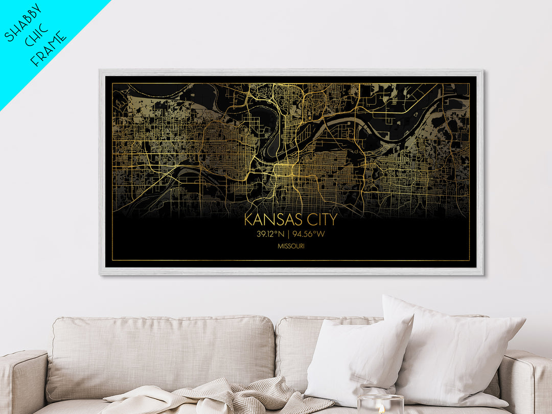 Kansas City Missouri City street map, Metallic Gold Print, Metal Art, wood framed map, black and gold, Street Map Art, Minimalist Wall Art