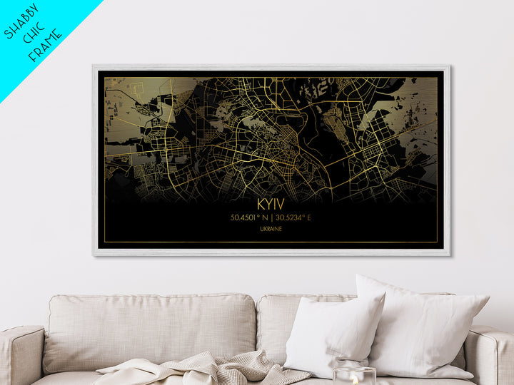 Kyiv Ukraine City street map, Metallic Gold Print, Metal Art, wood framed map, black and gold, Street Map Wall Art, Travel Poster