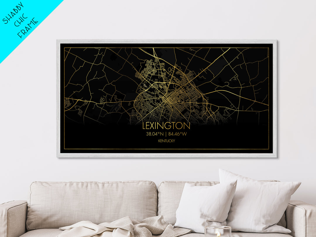 Lexington Kentucky City street map, Metallic Gold Print, Metal Art, wood framed map, black and gold, Minimalist Wall Art, Travel Poster