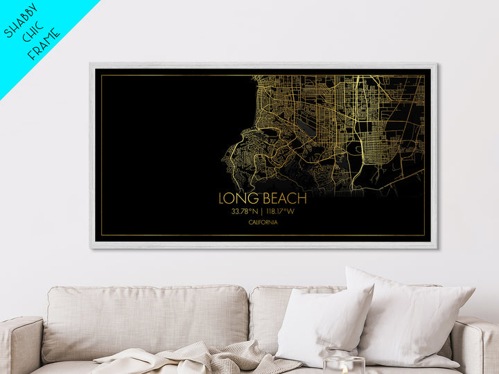 Long Beach California City Poster, Metallic Gold Art, Metal Art, real wood frames, black and gold, Gold Street Map Art, Minimalist Wall Art